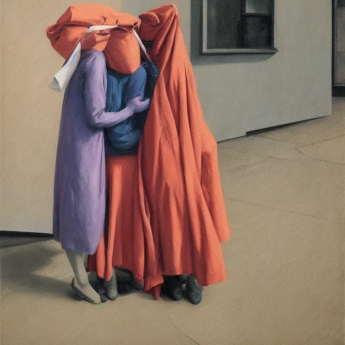 Prompt: two women hugging with a paper bag over the head, dressed in plastic bags, highly detailed, artstation, art by , edward hopper, zdislav beksinski, wayne barlowe