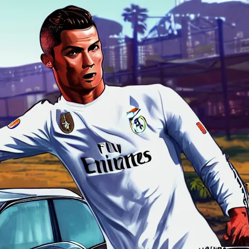 Image similar to Cristiano Ronaldo in a GTA 5 loading screen, concept art by Anthony McBain