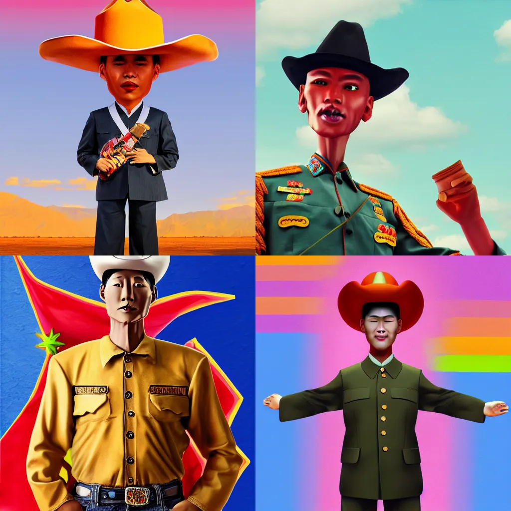 Prompt: Realistic skinny Kin Jong Un wearing a cowboy outfit, colorful digital art, by Jason Chan. hyperrealistic, award-winning, 4k