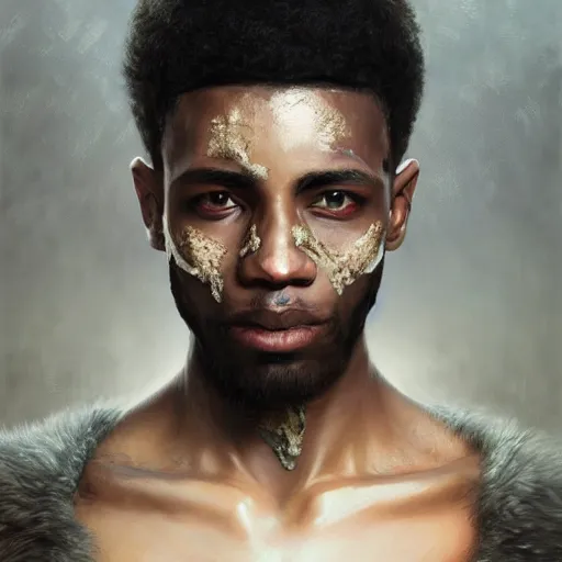 Image similar to portrait painting of a beautiful black man with cut scars and cropped hair wearing a tattered fur coat, ultra realistic, concept art, intricate details, eerie, highly detailed, photorealistic, octane render, 8 k, unreal engine. art by artgerm and greg rutkowski and charlie bowater and magali villeneuve and alphonse mucha