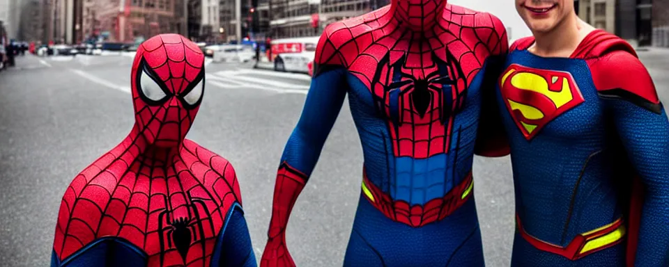 Image similar to spider - man and superman meet in new york city street, high res, shallow depth of field, realistic image