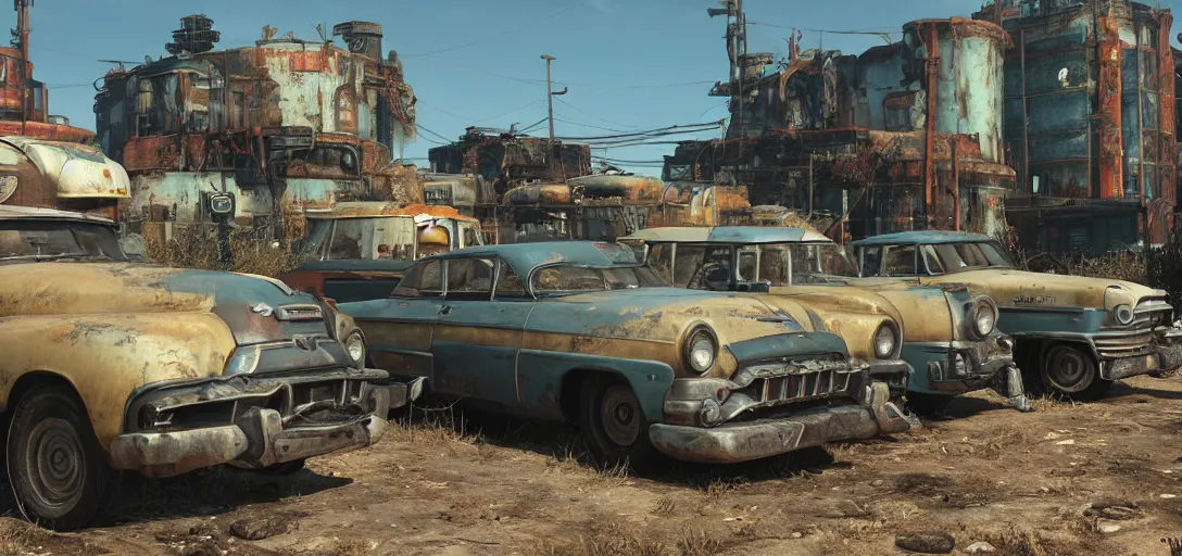 Prompt: 3d high octane render of vehicles from Fallout 4