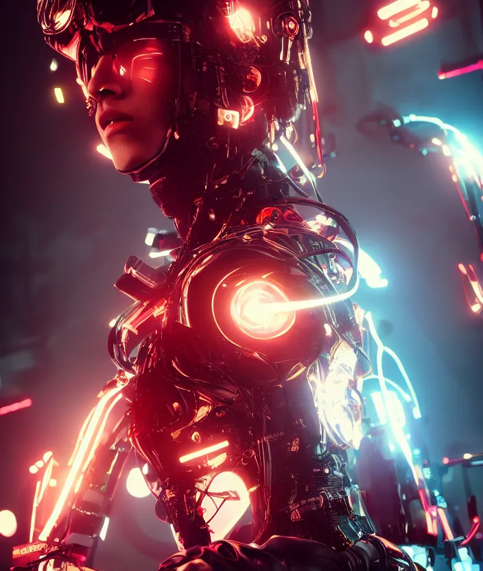 Prompt: japanese model cyborg with digital led panel skin, neon lighting, techno neon projector background, akihiko yoshida style, portrait photo, intricate details, ultra realistic, unreal engine 5, depth of field, bokeh, octane render