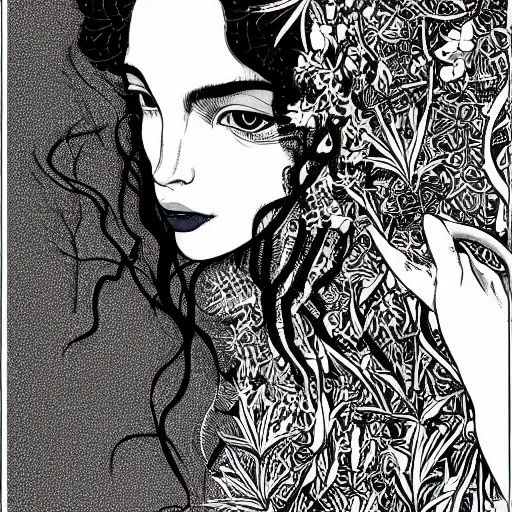 Image similar to filigree detailed illustration of a profile of gypsy girl with long curly hair and big goat horns, aubrey beardsley, tomer hanuka, makoto shinkai