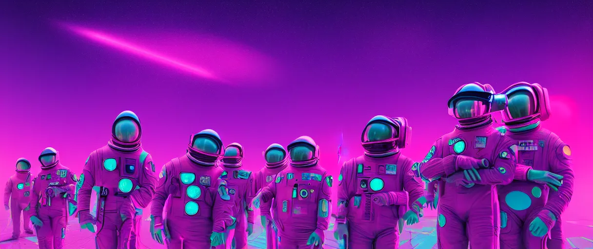 Prompt: hyper detailed 2060s neo-surreal neon purple and red propaganda poster of space workers sharp cinematic lighting 8k wide angle shallow depth of field