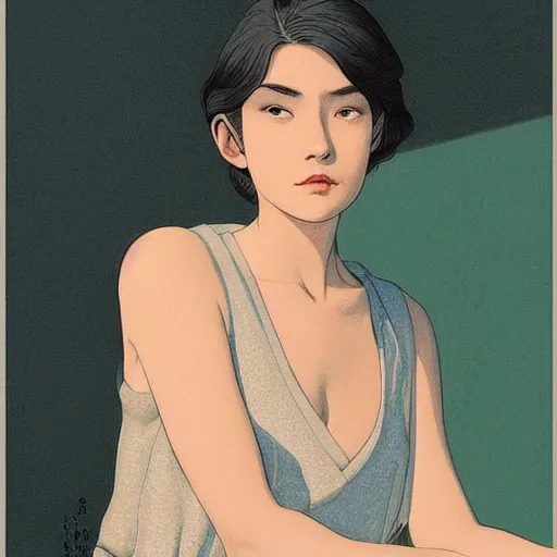 Image similar to a portrait of a beautiful brunette female model with dramatic lighting, by kawase hasui, moebius, edward hopper, colorful flat surreal design, hd, 8 k, artstation