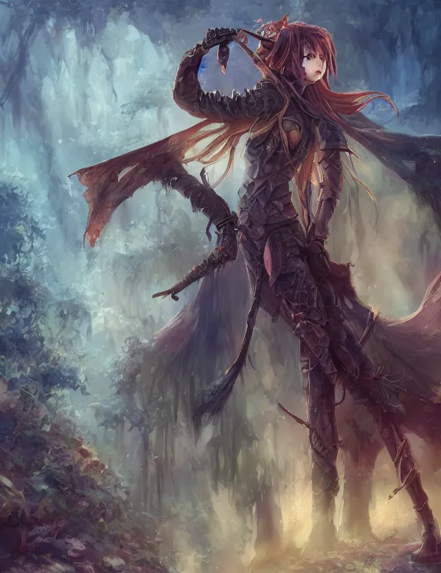 Image similar to scenic wide angle portrait of a teenage girl, confident knight's outfit, swamp, anime in fantasy style, trending artwork, painted in anime painter studio, by anato finstark, tony sart, marc simonetti and an anime artist, collaboration