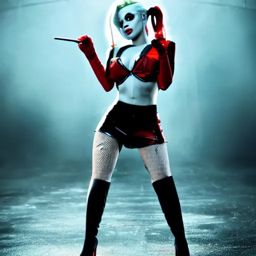 Image similar to beautiful awe inspiring Lady Gaga playing Harley Quinn 8k hdr moody lighting