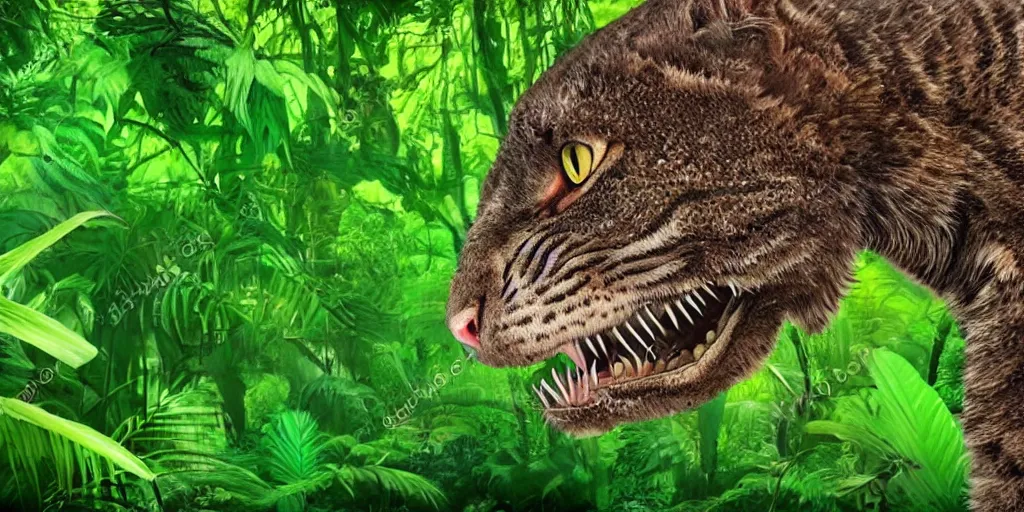 Image similar to tyrannosaurus rex cat hybrid, jungle background