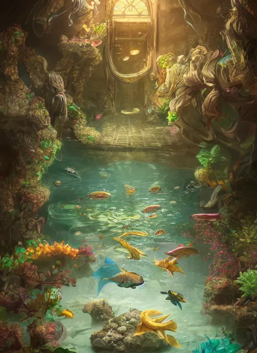 Image similar to people observing lots of beautiful fish in an underground aquarium corridor, in the style of turine tran, fantasy art, ray tracing, water droplets, highly detailed, artstation trend, highly detailed and intricate, sharp focus, photography, unreal engine 5