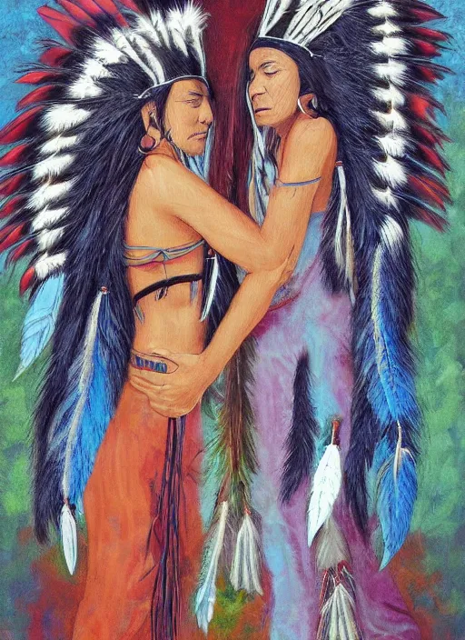 Prompt: two indigenous people trusting each other, fantasy art