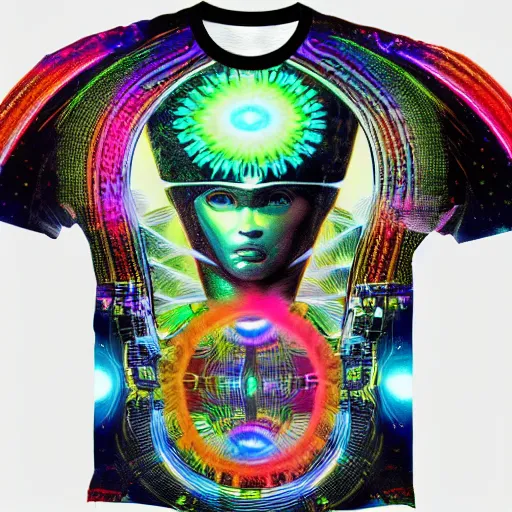 Prompt: mockup of a black tshirt with a hyperdetailed portrait of a futuristic robot by alex grey, 8 k, symetrical, flourescent colors, happy trippy mood, multicolored,