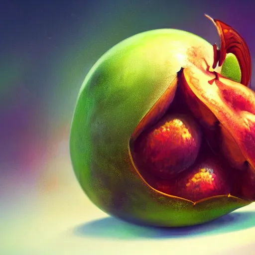 Image similar to a beautiful painting of Devil's fruit that gives you superhuman powers when you eat it, fantasy art, highly detailed, mysterious, octane render, trending on artstation