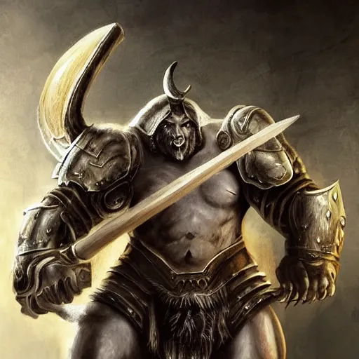 Image similar to Giant minotaur beast warrior with two handed axe, heavy white and golden armor, impressive horns, long mane, full body, muscular, dungeons and dragons, hyperrealism, high details, digital painting