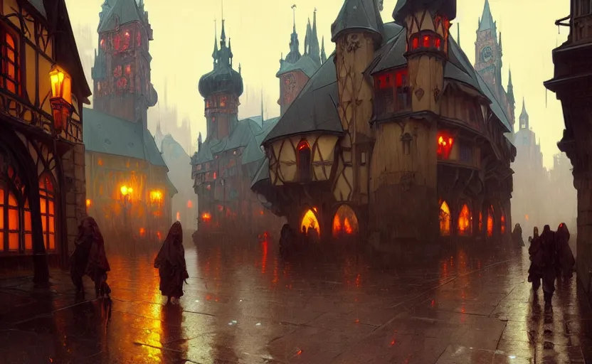 Image similar to an old medieval city with rainy atmosphere and moody and cinematic lighting by alphonse mucha, simon stalenhag and darek zabrocki, cinematic and atmospheric, concept art, artstation, trending on artstation