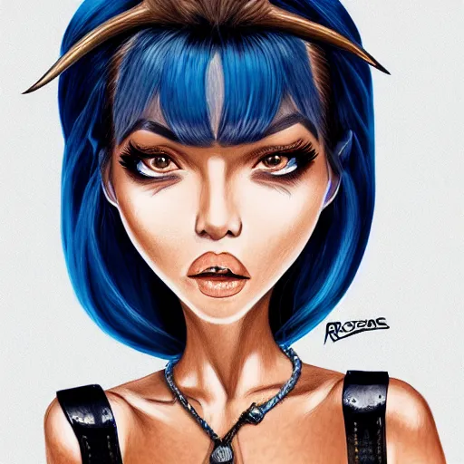 Image similar to illustrated realistic portrait of swept-back prong-horned devil woman with blue bob hairstyle and her tan colored skin and with solid black eyes wearing leather by rossdraws