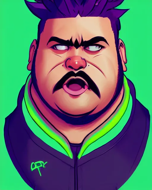 Image similar to overwatch concept art character portrait of a new character who is a obese chubby man with a punk mohawk neon green hair with clean shaven and long crooked nose and round cheeks, trending on artstation, cgsociety,