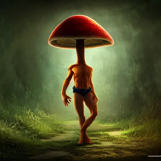 Prompt: Magic mushroom becomes human by concept art, detailed, magical, 3D HD Resolution