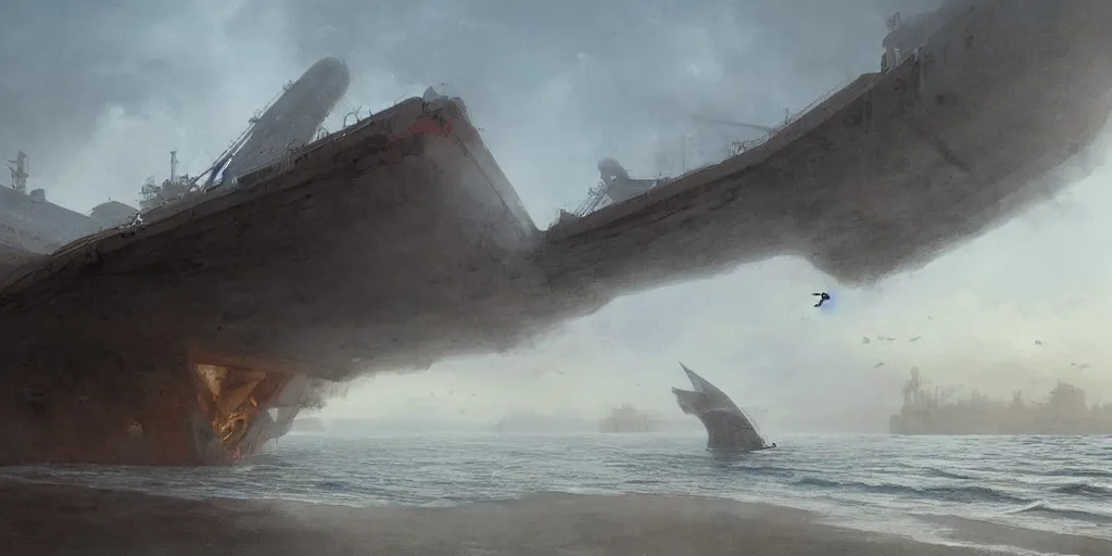 Prompt: in _ the _ misty _ morning _ a _ giant _ butterfly _ perches _ on _ a _ huge _ freighter _ stranded _ on _ the _ sand _ by greg rutkowski