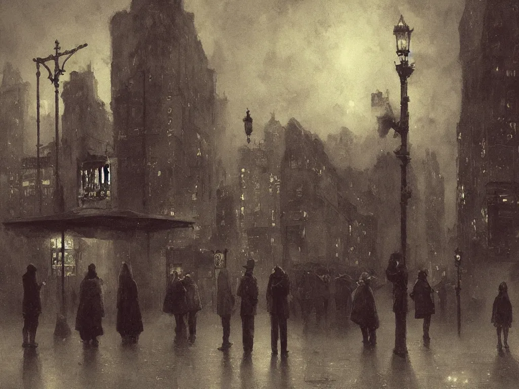 Prompt: few people waiting in a bus stop in dark city night, high quality, detailed, high resolution, in the style of ismail inceoglu zdizlaw beksinski bastien deharme jacek yerka mc escher winslow homer craig j. spearing thomas eakins pablo carpio