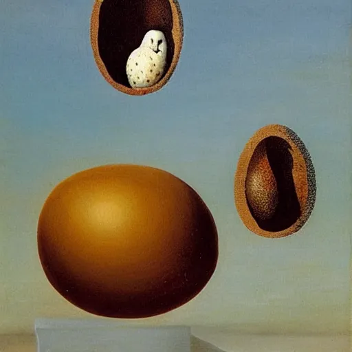 Prompt: A pair of barn owls and a floating egg, oil painting by Salvador Dali