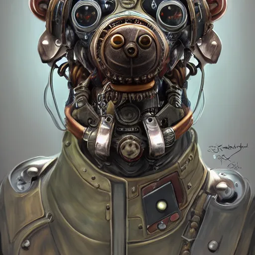 Prompt: portrait painting of a steampunk cyborg dog, transhumanism, ultra realistic, concept art, studio ghibli, intricate details, eerie highly detailed