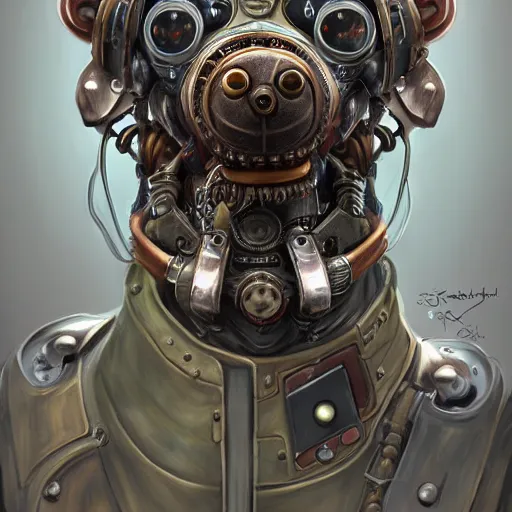 Image similar to portrait painting of a steampunk cyborg dog, transhumanism, ultra realistic, concept art, studio ghibli, intricate details, eerie highly detailed