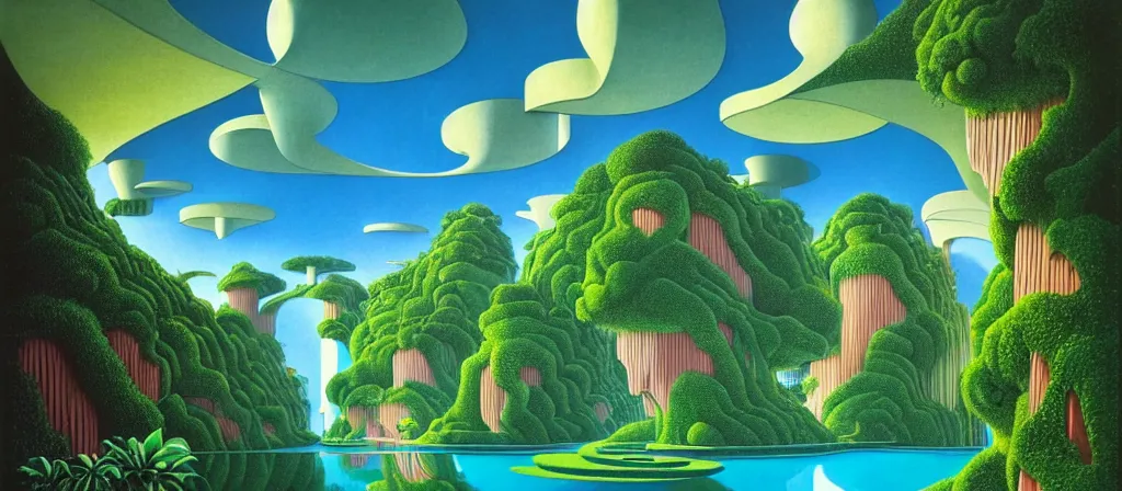 Prompt: huge gargantuan angular dimension of infinite poolrooms liminal spaces, buildings by escher and ricardo bofill. utopian landscape by roger dean. magical realism, surrealism, lush tropical jungle, waterfalls, clouds, mallsoft, vaporwave, trending on artstation, shot from below, epic scale