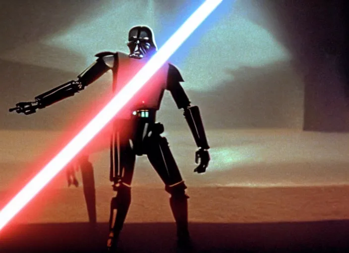 Prompt: screenshot of the jedi sithtrooper droid with lightsaber arms, iconic scene from the lost Star Wars film, Shadows Of the Empire, 1990 directed by Stanely Kubrick, lens flare, moody cinematography, with anamorphic lenses, crisp, detailed, 4k