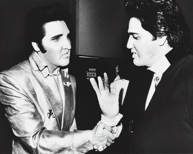 Prompt: “A vintage black and white photograph of Elvis shaking hands with an alien”