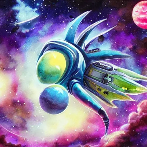 Image similar to alien extraterrestrial pokemon in space. watercolor. dramatic. amazing painting. formal. beautiful. high resolution. highly realistic. close - up. trending on artstation