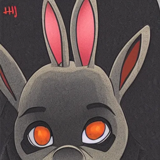 Image similar to A extremely highly detailed majestic hi-res beautiful, highly detailed head and shoulders portrait of a scary terrifying, horrifying, creepy black cartoon rabbit with scary big eyes, earing a shirt laughing in the style of Walt Disney