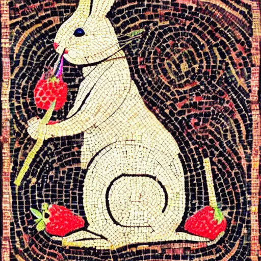 Image similar to a rabbit eating raspberries in the style of ancient mosaic