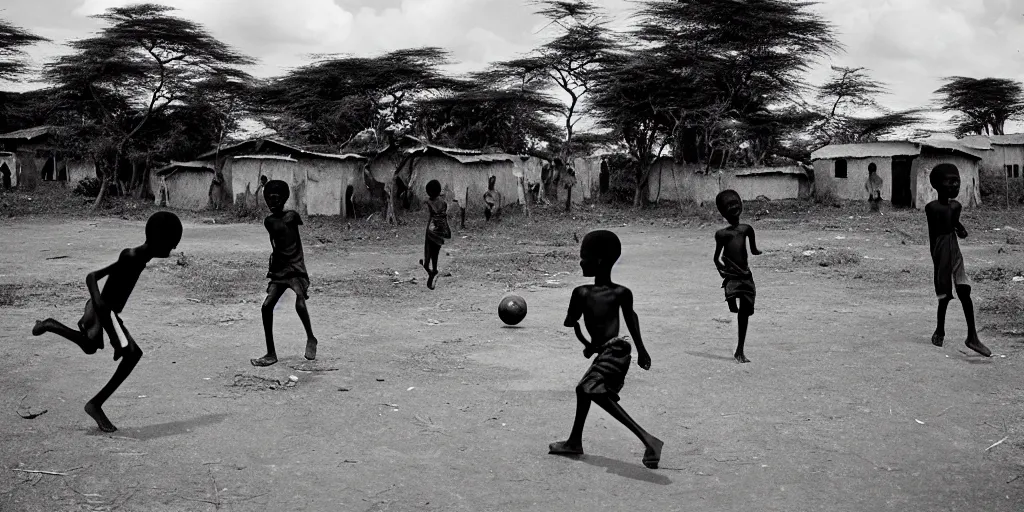 Image similar to kenyan village, black kids playing football, film photography, exposed b & w photography, christopher morris photography, bruce davidson photography, peter marlow photography