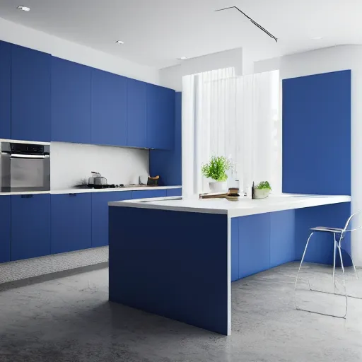 Prompt: interior of a modern minimal kitchen, blue color scheme, photorealist, 4 k