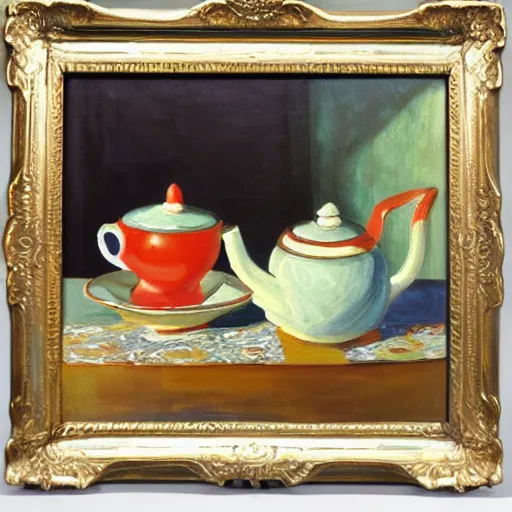 Image similar to a painting of a tea set on a table, a still life by marshall arisman, artstation contest winner, american scene painting, rim light, rich color palette, oil on canvas