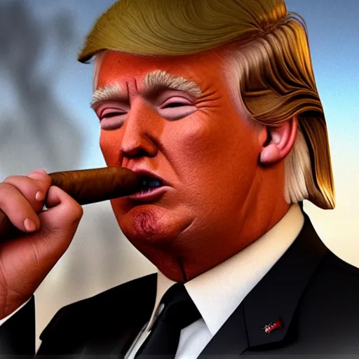 Image similar to a high quality photo of donald trump smoking a cigar, 3d scene, render, ultra realistic, artstation, cgsociety