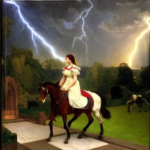 Image similar to Girl riding a horse leaving the castle through the bridge, thunderstorm, french garden on the background major arcana sky, by paul delaroche, alphonse mucha and arnold böcklin arnold böcklin hyperrealistic 8k, very detailed