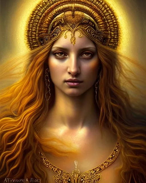 Prompt: portrait of the beautiful young aphrodite's goddess, unusual beauty, esoteric, outher worldly colours, head in focus, fantasy art, ornamental, intricate, elegant, highly detailed hyperrealistic painting, artstation, concept art, painterly, golden ratio, sharp focus, illustration, art by tomasz alen kopera