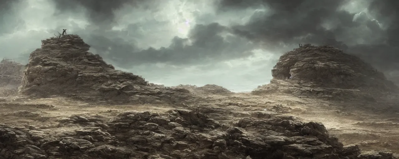 Image similar to spooky face in the clouds over a barren rocky landscape, [ cinematic, detailed, epic, widescreen, opening, establishing, mattepainting, photorealistic, 4 k, octane render, art by greg rutkowski ]