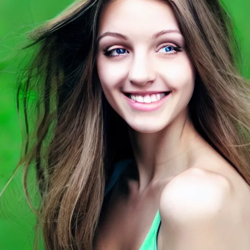 Prompt: longer hair, identical picture, smaller nose, smaller mouth, feminine female, soft skin, proportionate body parts, small shoulders, big breasts, diamond shaped face, attractive, big green eyes, pretty smile