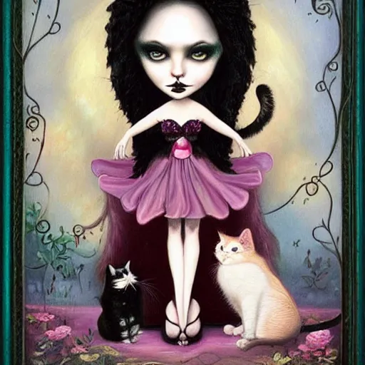 Image similar to a painting of a woman holding a cat, a character portrait by mark ryden, featured on deviantart, gothic art, tarot!!!!! card, deviantart, gothic