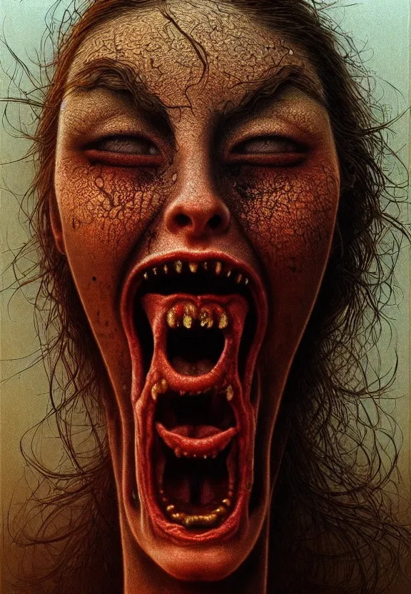 Image similar to ultra realist intricate detailed portrait of a single rugged attractive female screaming single mouth, full body, accurate features, apocalyptic, very intricate details, 8 k resolution, dim lighting, dramatic lighting, artstyle zdzisław beksinski, award winning