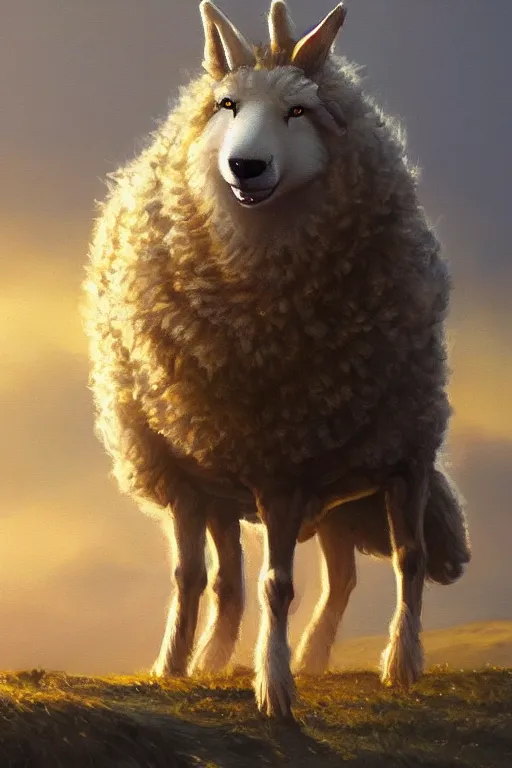 Prompt: sheep wolf, oil paintig, artstation, concept art, national geographics, golden hour, beautiful, 6 0 0 mm