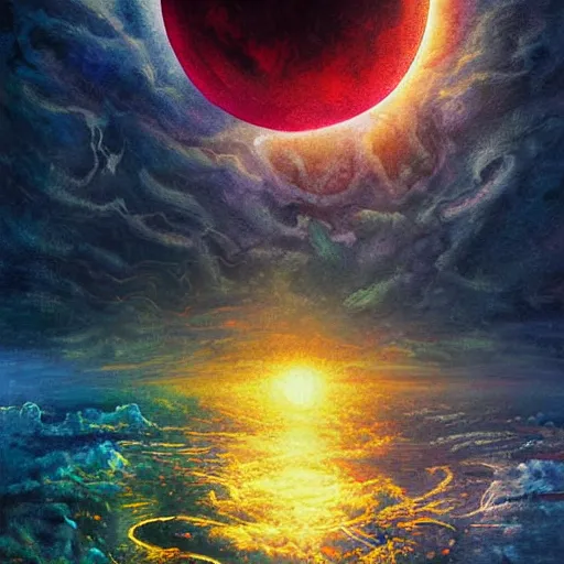 Image similar to nuclear blast moon eclipse sci-fi wet brush poster art neo-primitivism painting of surreal beauitiful Hardstyle DJ, by Ross Tran, highly detailed, hyperrealism, excellent composition, cinematic concept art, dramatic lighting, abstract water color paiting strokes hyper realistic, soft light, 8k