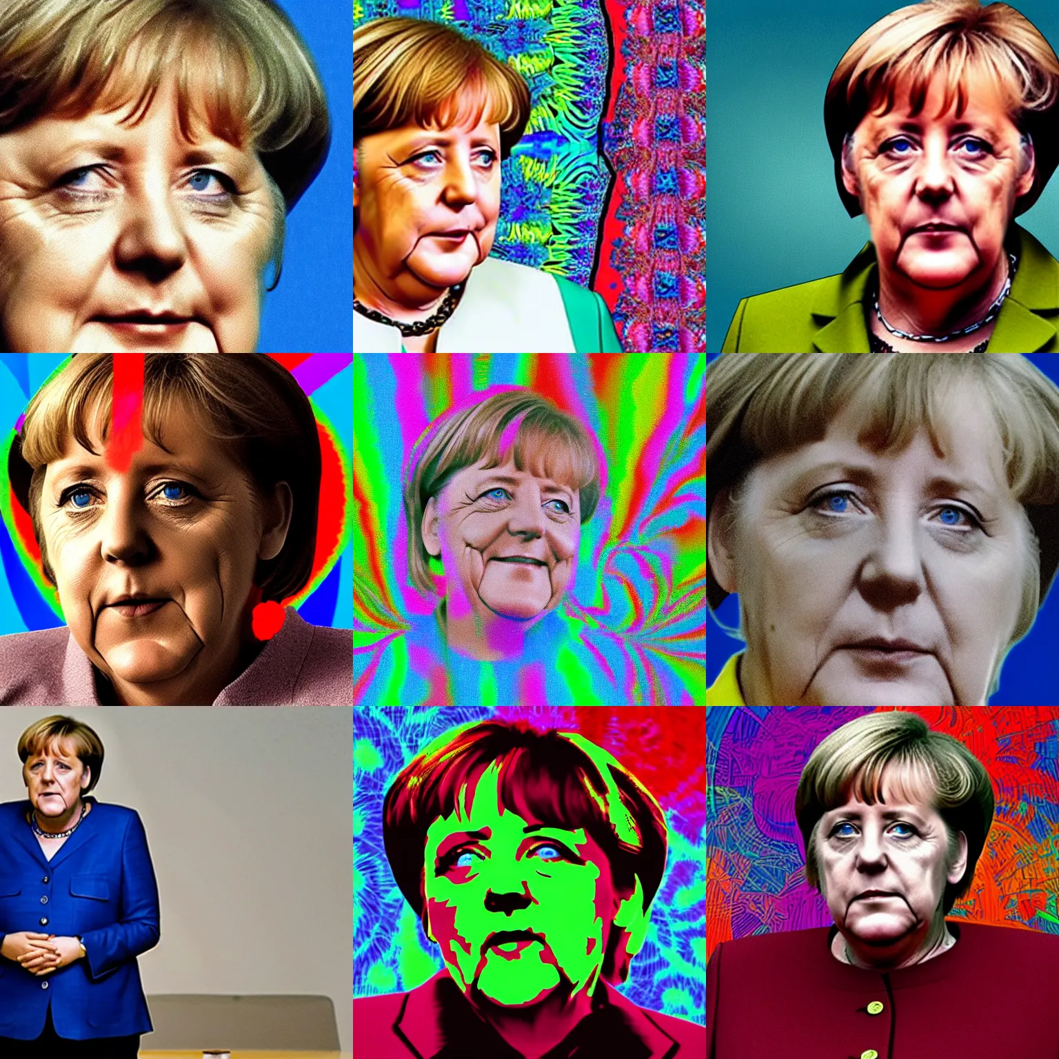 Prompt: photo of angela merkel, psychedelic