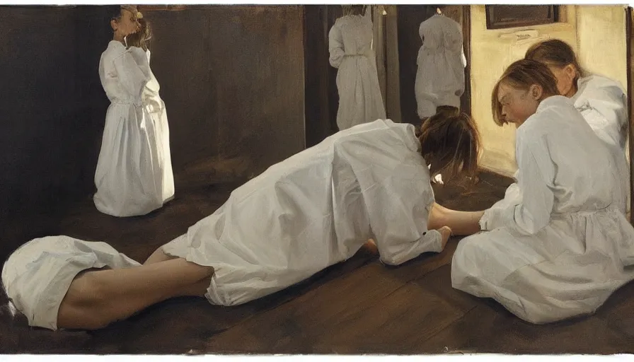 Prompt: painting by borremans, universe mirrored in hereditary, detailed, stunning