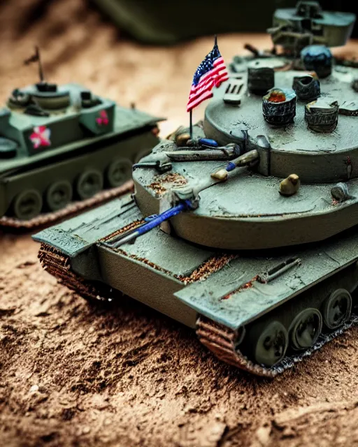 Prompt: high quality presentation photo of a detailed miniature diorama of a tank battle with miniature soldiers, photography 4k, f1.8 anamorphic, bokeh, 4k, Canon, Nikon