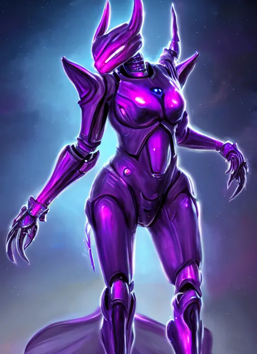 Prompt: cinematic goddess body shot, galactic sized beautiful stunning hot anthropomorphic robot mecha female dragon, sleek dragon head, metal ears, led purple eyes, smooth fuschia skin, smooth silver armor, floating in space, epic proportions, epic size, epic detail, furry art, dragon art, giantess art, warframe fanart, furaffinity, octane