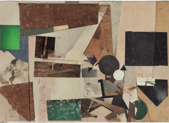 Image similar to a collage artwork by kurt schwitters, mix of geometric and organic shapes, both bright and earth colors, old photograph clippings